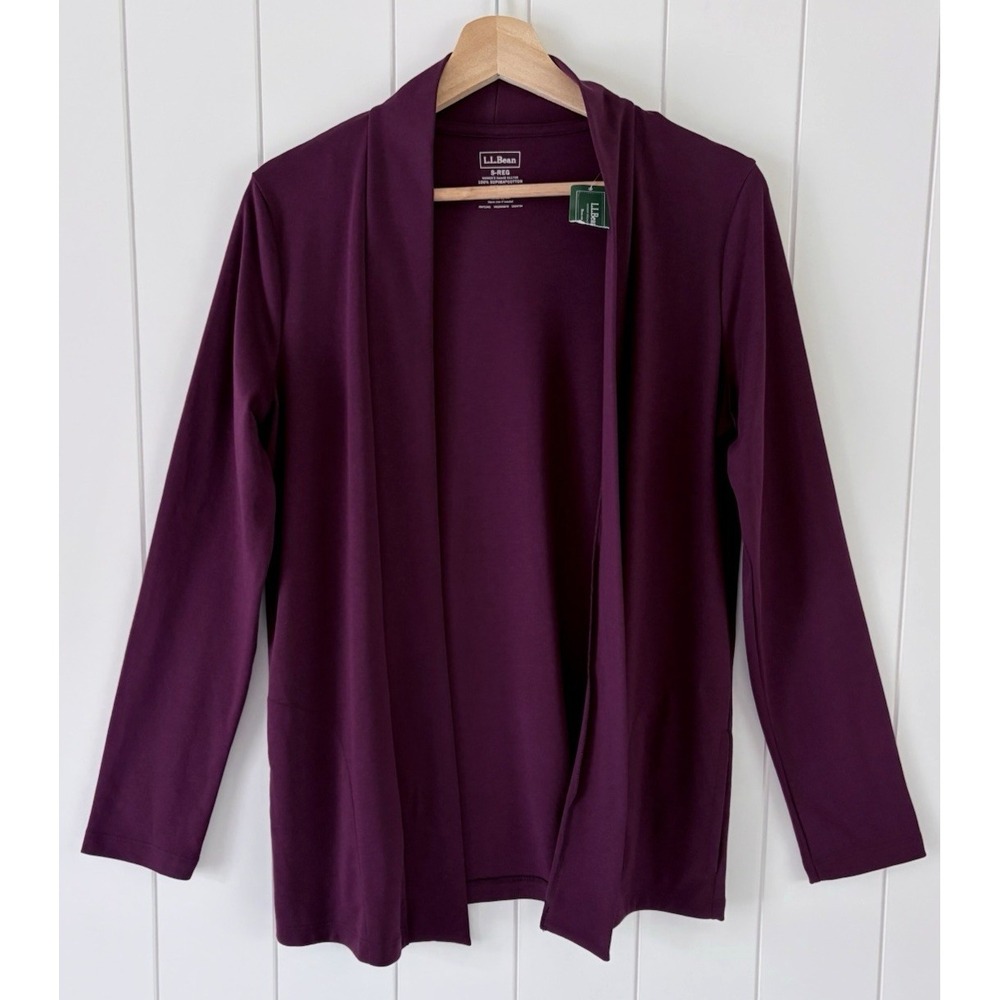 L.L. Bean Pima Cotton Open Cardigan Womens Size S Royal Plum Purple Pockets NWT